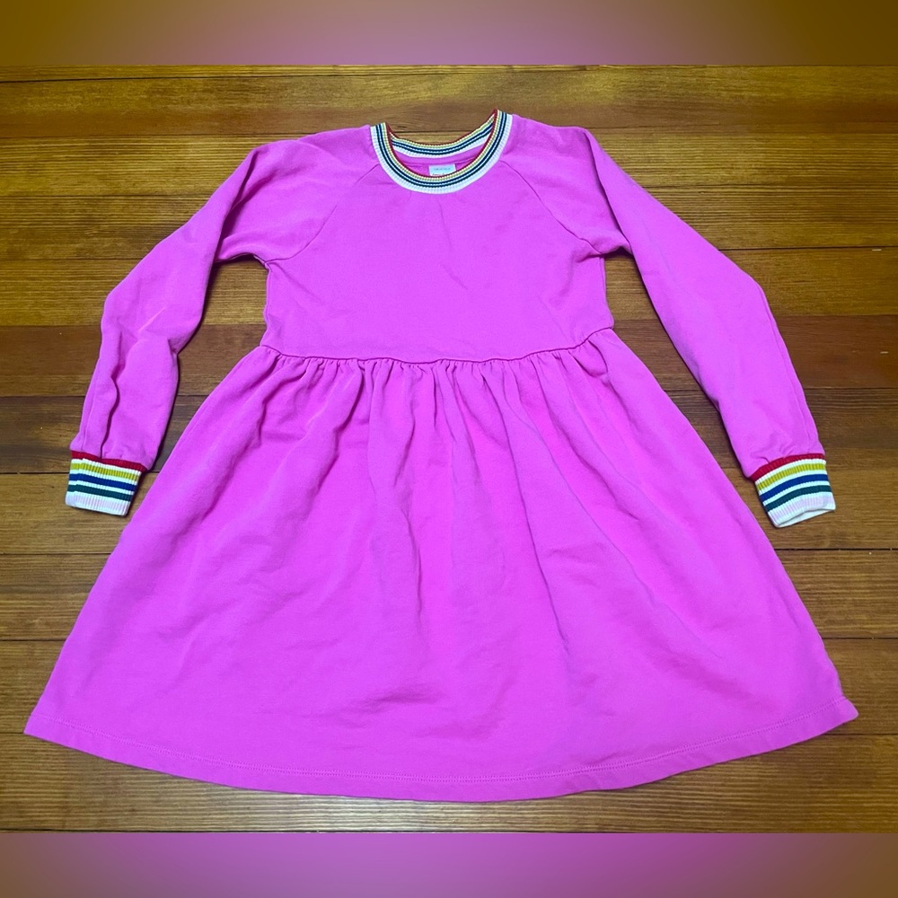 Hanna Andersson Pink Sweatshirt Dress w Rainbow Stripe Cuffs Size 140 cm or 10